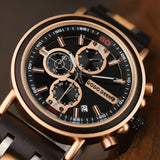 Three-Dial Chronograph Black Stainless Steel Maple Wood Watch