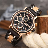 Three-Dial Chronograph Black Stainless Steel Maple Wood Watch