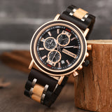 Three-Dial Chronograph Black Stainless Steel Maple Wood Watch