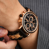 Three-Dial Chronograph Black Stainless Steel Maple Wood Watch