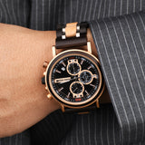 Three-Dial Chronograph Black Stainless Steel Maple Wood Watch