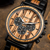 Stainless steel back men's chronograph zebra wood watch