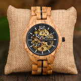 Olive Wood Skeleton Automatic Mechanical Watch for Men