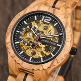 Olive Wood Skeleton Automatic Mechanical Watch for Men